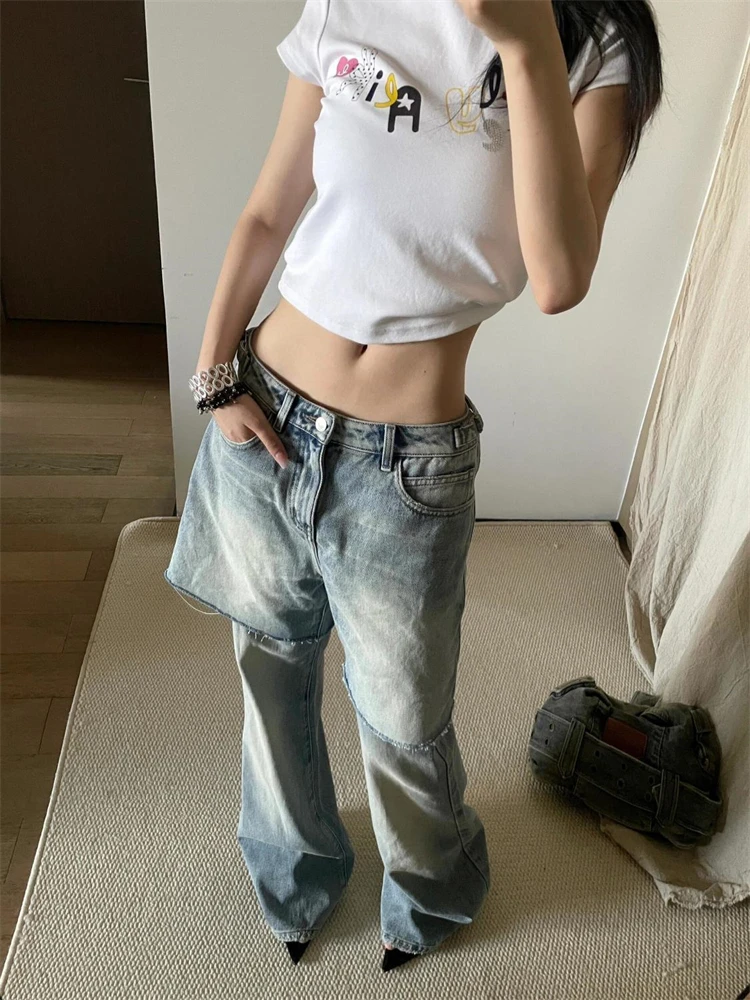 Women's Splicing Detachable Design Design Wide Leg Jeans Cool Girl Fashion Bottoms Loose Denim Trousers Female High Waist Pants