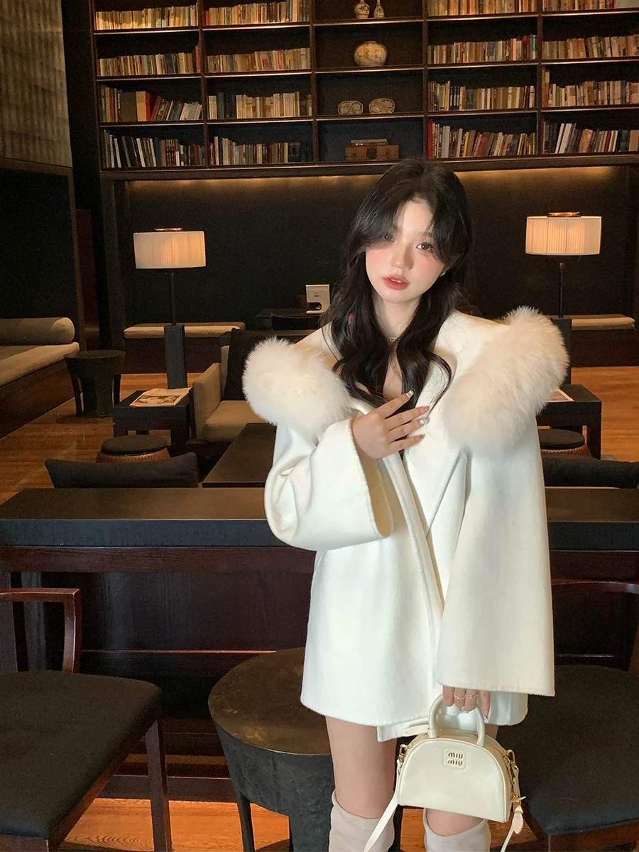 

Princ Sle Double Woolen Coat Fur Collar 2025 Camere Outerwear Women's Jaet Korean Sle Long Sve Mittens