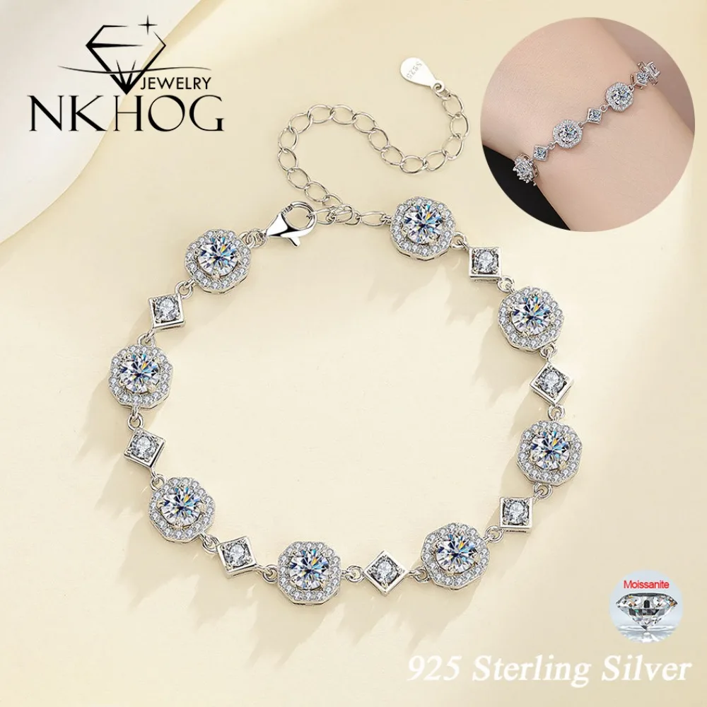 NKHOG 5mm Adjustable Moissanite Bracelets For Women 925 Sterling Silver Hand Chain Luxury Fine Jewelry Engagement Gift Pass Test