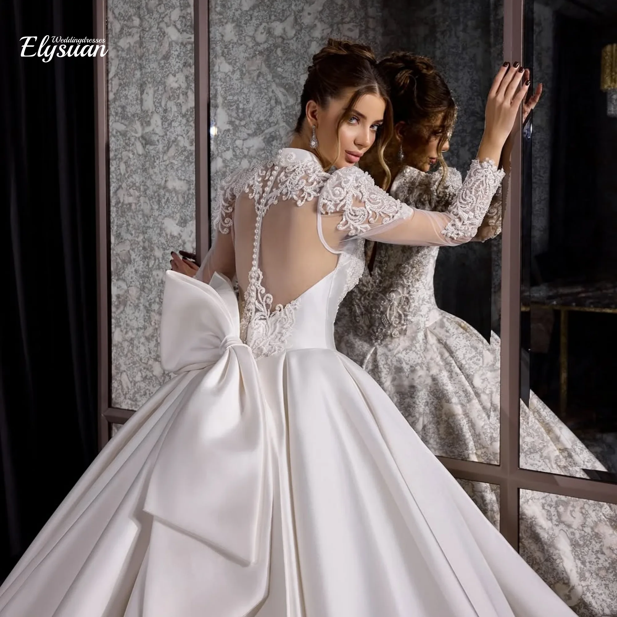 Vestido de fiesta de lujo personalizado, vestidos de novia con cuello en V, mangas largas, apliques de encaje, vestidos de novia con botones en la espalda árabe Vintage de princesa