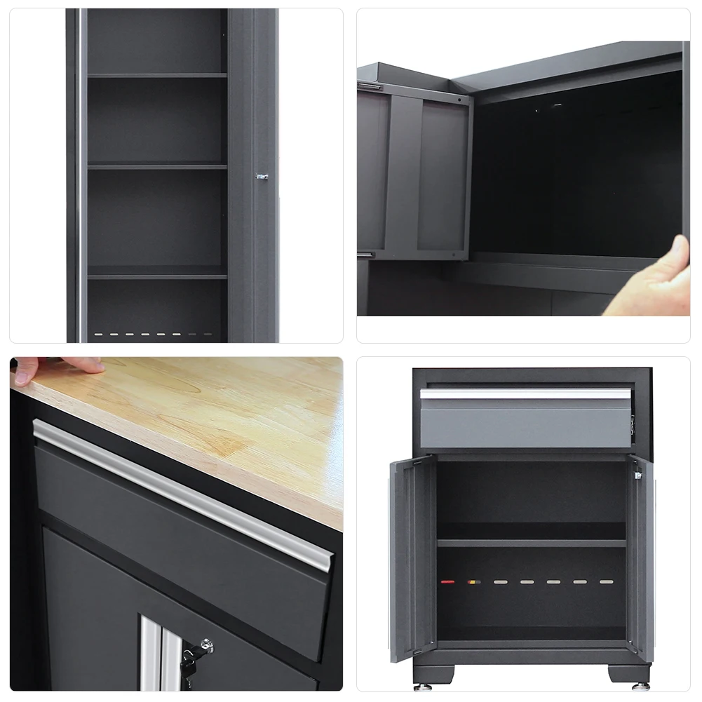 9-Piece Workshop Storage HPDMC Cabinet Set in Grey with Workbench - for Organizing Tools - Included Steel Cabinets Drawers