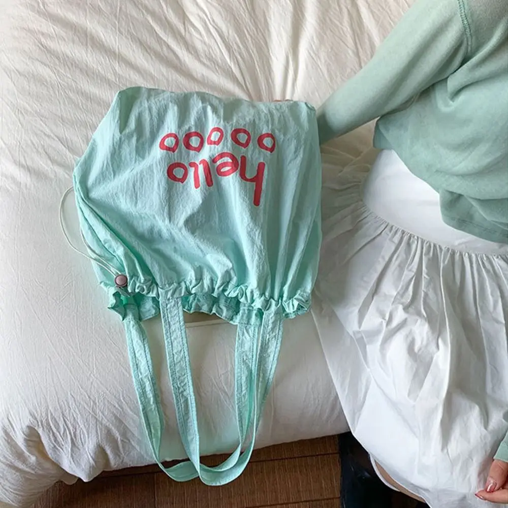 

Fashion Solid Color Drawstring Bags Nylon Large Capacity Letter Shoulder Bag Casual Light Weight Tote Bags Shopping