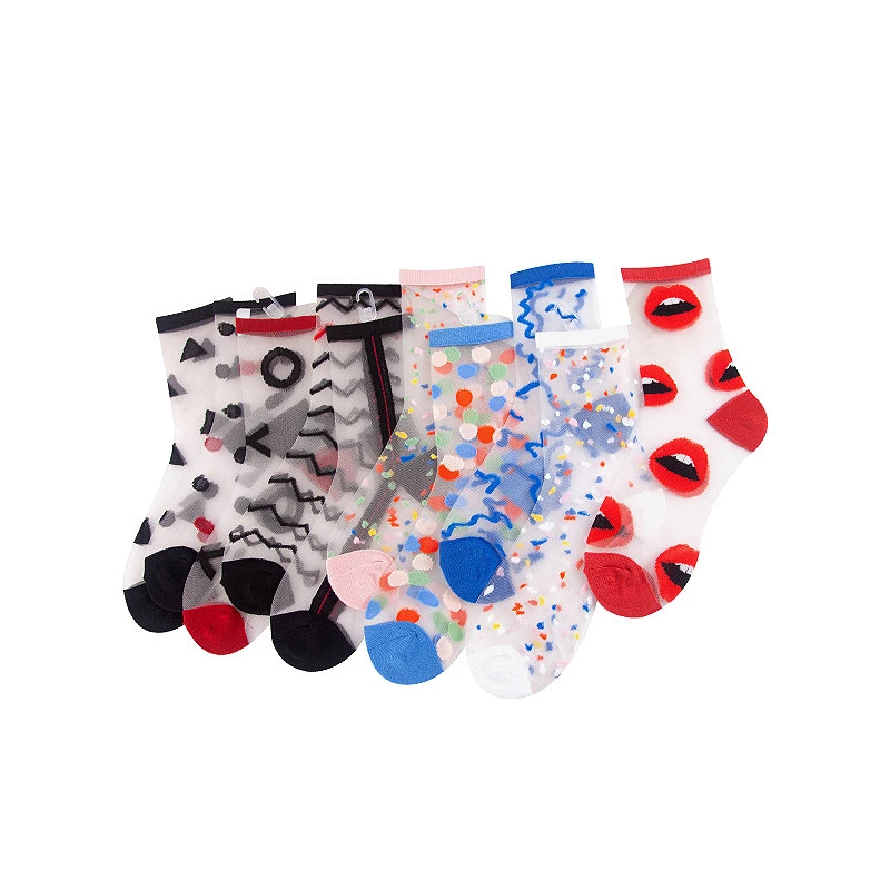 Summer Women Ultra-thin Crew Socks Transparent Crystal Silk Dot Lip Striped Geometric Pattern Female Harajuku Cute Casual Socks