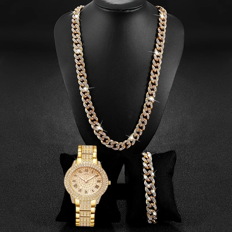 3-Piece Luxury Rhinestone Quartz Watch, Jewelry Necklace Bracelet Set - With Sparkling Decoration, Perfect Accessories for Women
