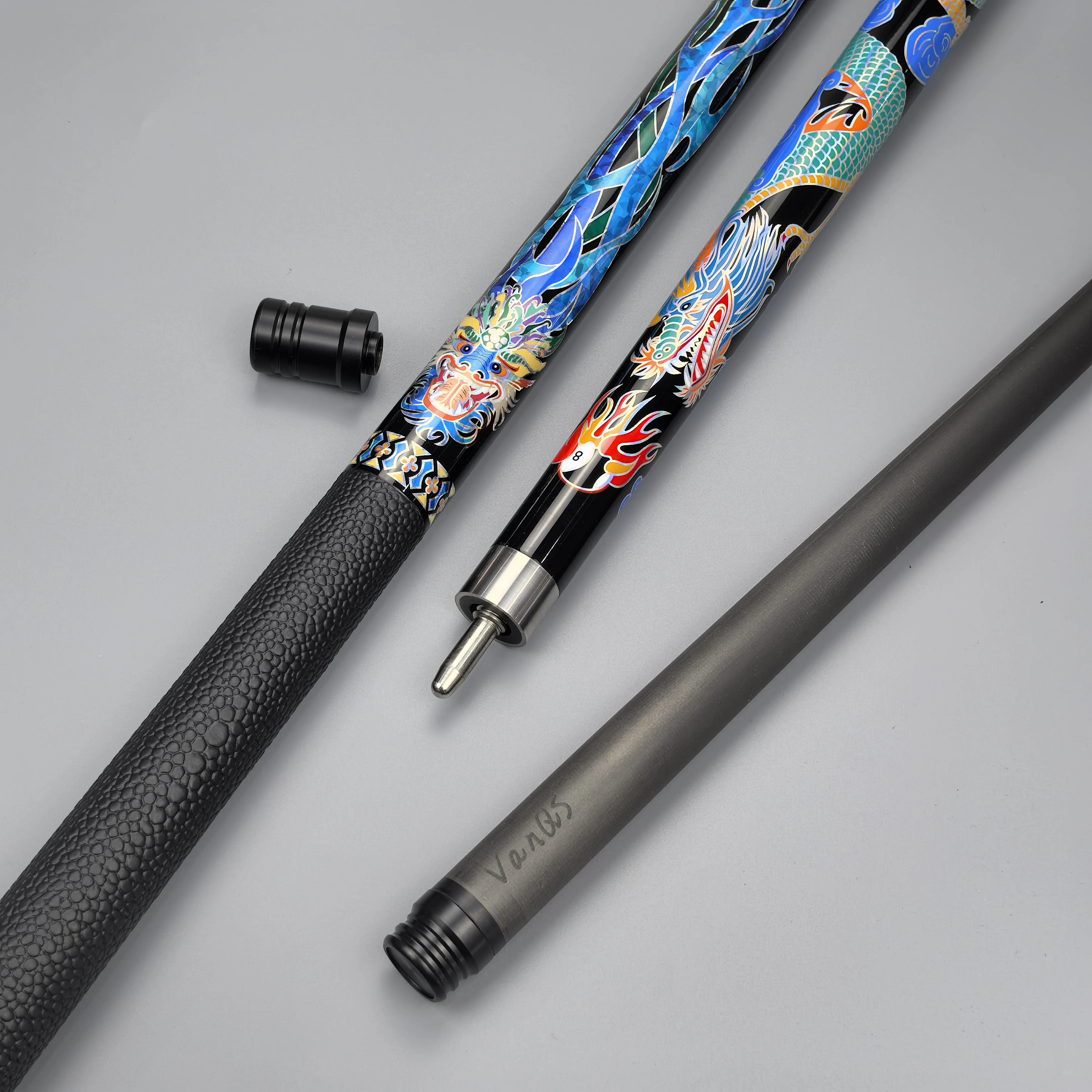

High-end Handmade VanQS 1/2-pc Carbon Fiber 12.5mm Tip Classic Dragon Style Billiard Pool Cue with Joint Protector Leather Wrap