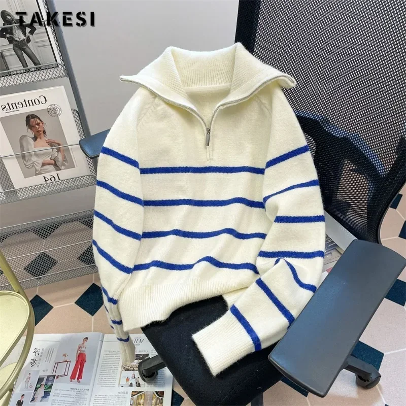 

2024 Winter Casual Y2K Knitting Jumpers Long Sleeve Striped Print Pullovers Korean Fashion Women Cozy Zipper Warm Sweater