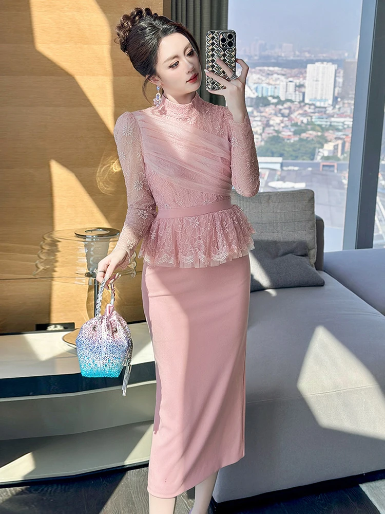 가짜 투피스 여성 프렌치 핑크 레이스 로브 시스루 러플 슬림핏 미디 드레스 우아한 오피스 정장 파티 프롬 데일리웨어 베스티도스