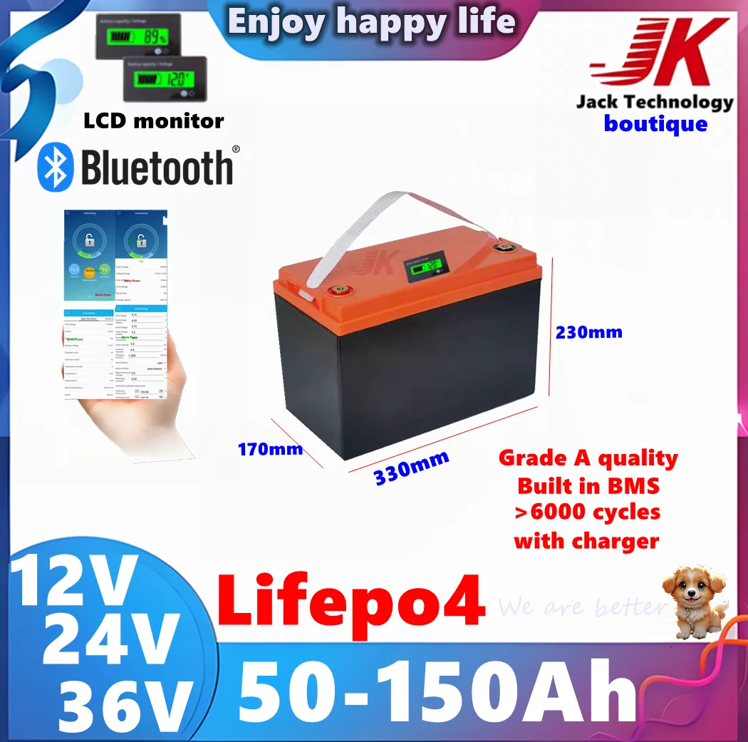 

12V 100AH 120Ah 150Ah 24V 36V 40Ah 50AH 60Ah 80Ah lifepo4 lithium battery deep cycle batteries bluetooth BMS+charger Inverter EV