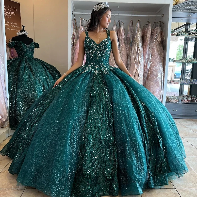 

EVLAST Customized Green Sweetheart Ball Gown Quinceanera Dress Lace Applique Beads Sequins Prom Dress Vestido De 15 Años TQD028