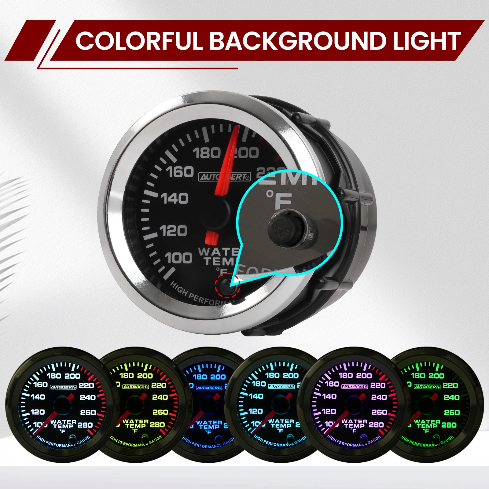 

Universal 2" 52mm Water Temperature Temp Gauge Mechanical Meter W/ 1/8" NPT Sensor 7 Colors LED Backlight Degree Fahrenheit Auto