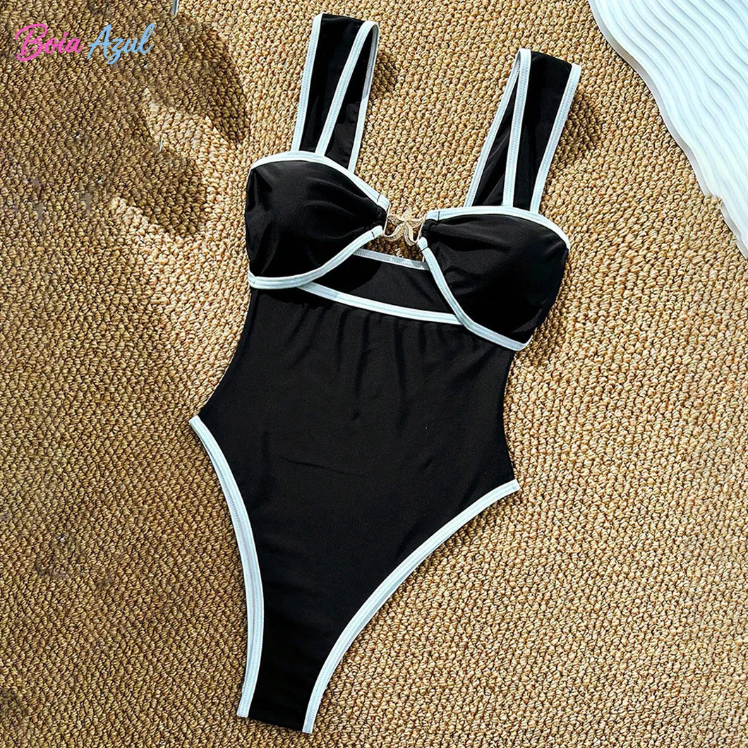 Black and white contrast one-piece bikini swimwear golden star-shaped buttonless transparent swimwear sexy backless beach swimwe