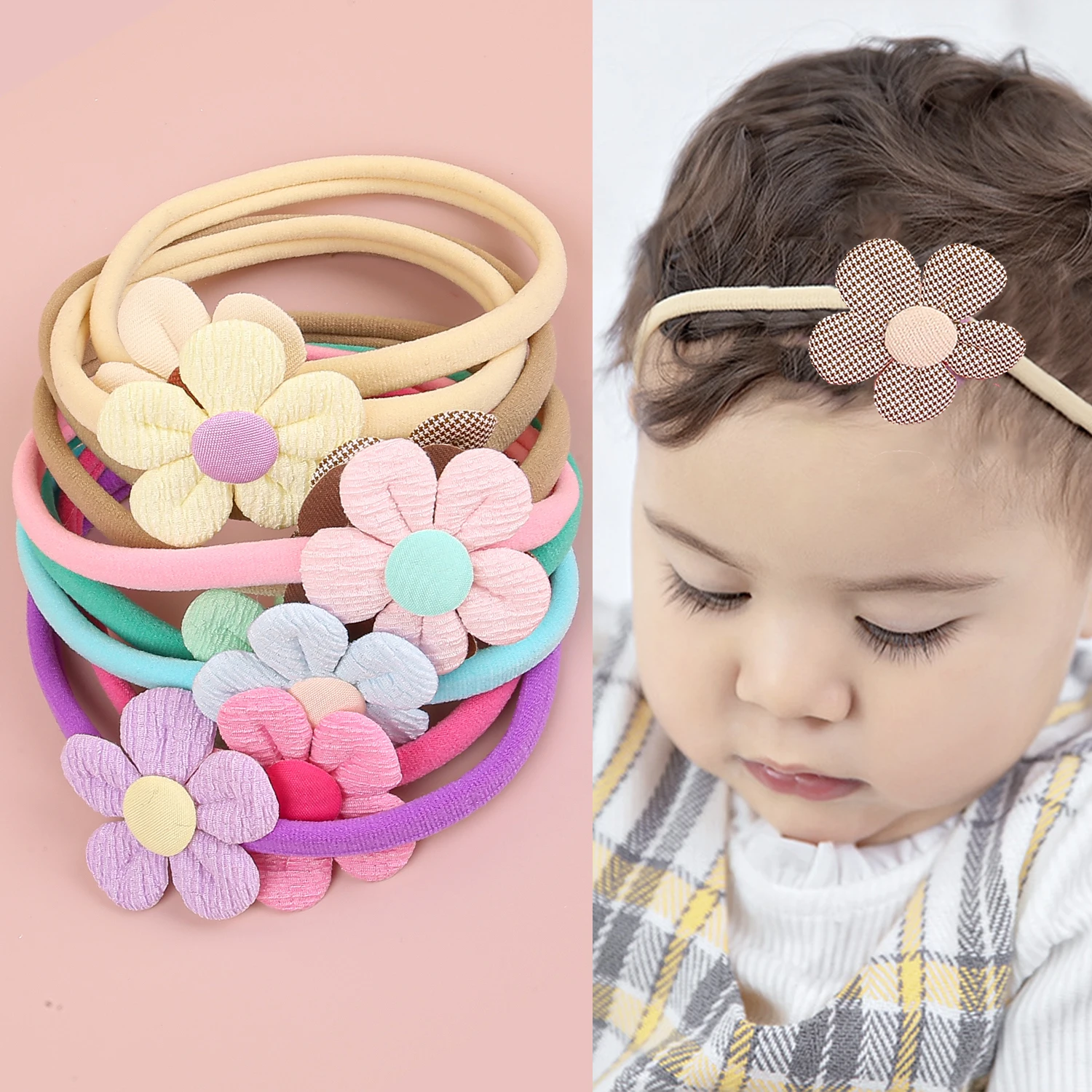 

36pcs Color Blocked Flowers Headbands For Baby Soft Elastic Nylon Hair Band For Children Kids Cute Hair Accessories