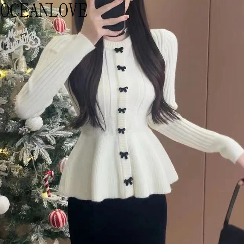 OCEANLOVE Ruffles Autumn Winter Clothes Women Sweaters Solid Korean Fashion Sweet Pull Femme Elegant Vintage Pullovers