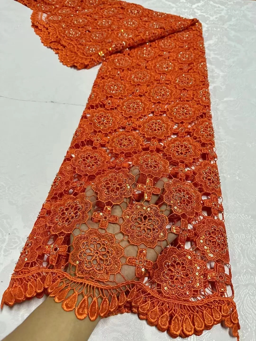 Orange  African Guipure Cord Lace Fabric 2024 High Quality Nigerian Water Soluble Lace Fabric For Women Evening Party Dress