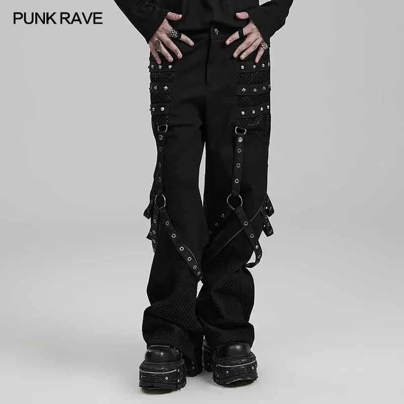 PUNK RAVE Men's Punk Style Wide Leg Trousers Cotton Webbing with Metal Rivets Combination Personality Casual Loose