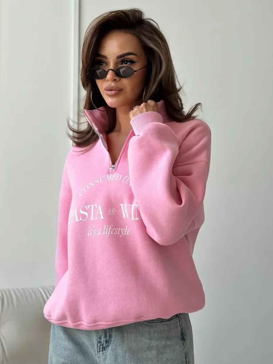ครึ่งเปิดซิปLapelเสื้อหลวมกีฬาผู้หญิงPullover Retro PASTA WINE Letterพิมพ์แฟชั่นStreetwear