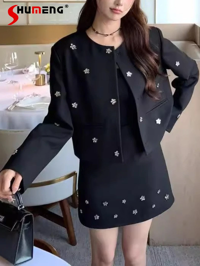 

Feminine Socialite Small Fragrant Bead Diamond Wool Flower Short Coats 2024 Women's Fashion Diamond Tweed Skirt Two-piece Sets