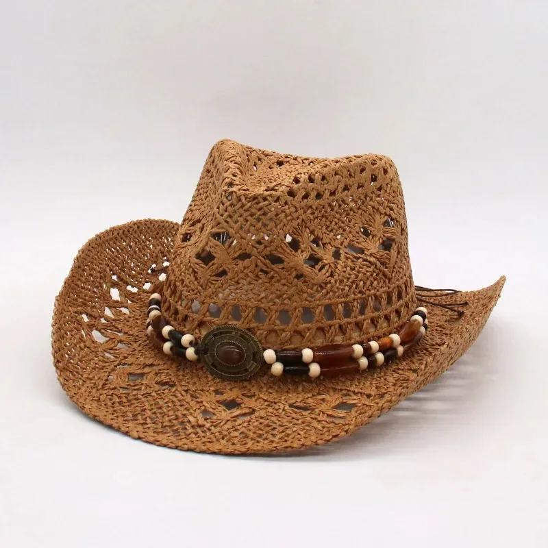 Vintage Sommer Strand Bohemian Strohhut mit Muscheln für Damen und Herren, Western Cowboyhüte mit Holzperlen, Ausgehöhlter Sonnenhut, Urlaubsmütze – Detail 26