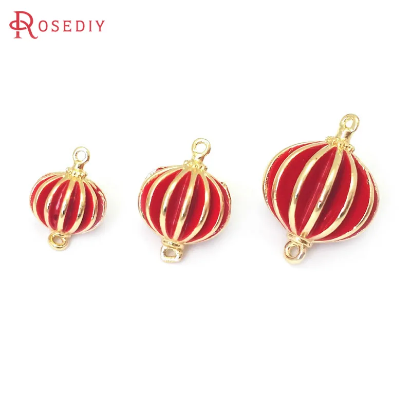 6PCS 11.5x8MM 13.5x10MM 17x12MM 24K Gold Color Brass Oil Painting Red Lantern Pendants Connect Charms Jewelry Making Supplies