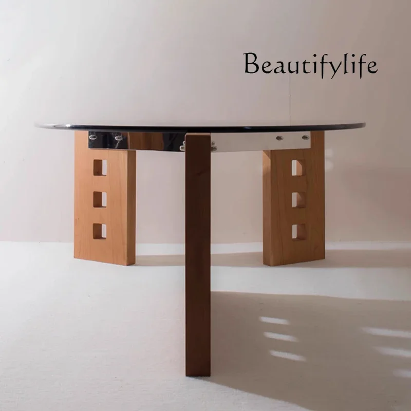 Nordic style solid wood coffee table round special-shaped creative small apartment retro glass tea table stainless steelpara cas