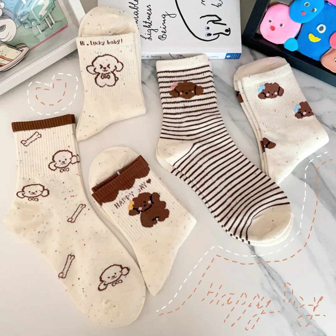 

5 пар женских носков, комплект японских кавайных носков с рисунком собаки, милые милые универсальные носки средней длины, хлопковые носки высокого качества, оптовая продажа
