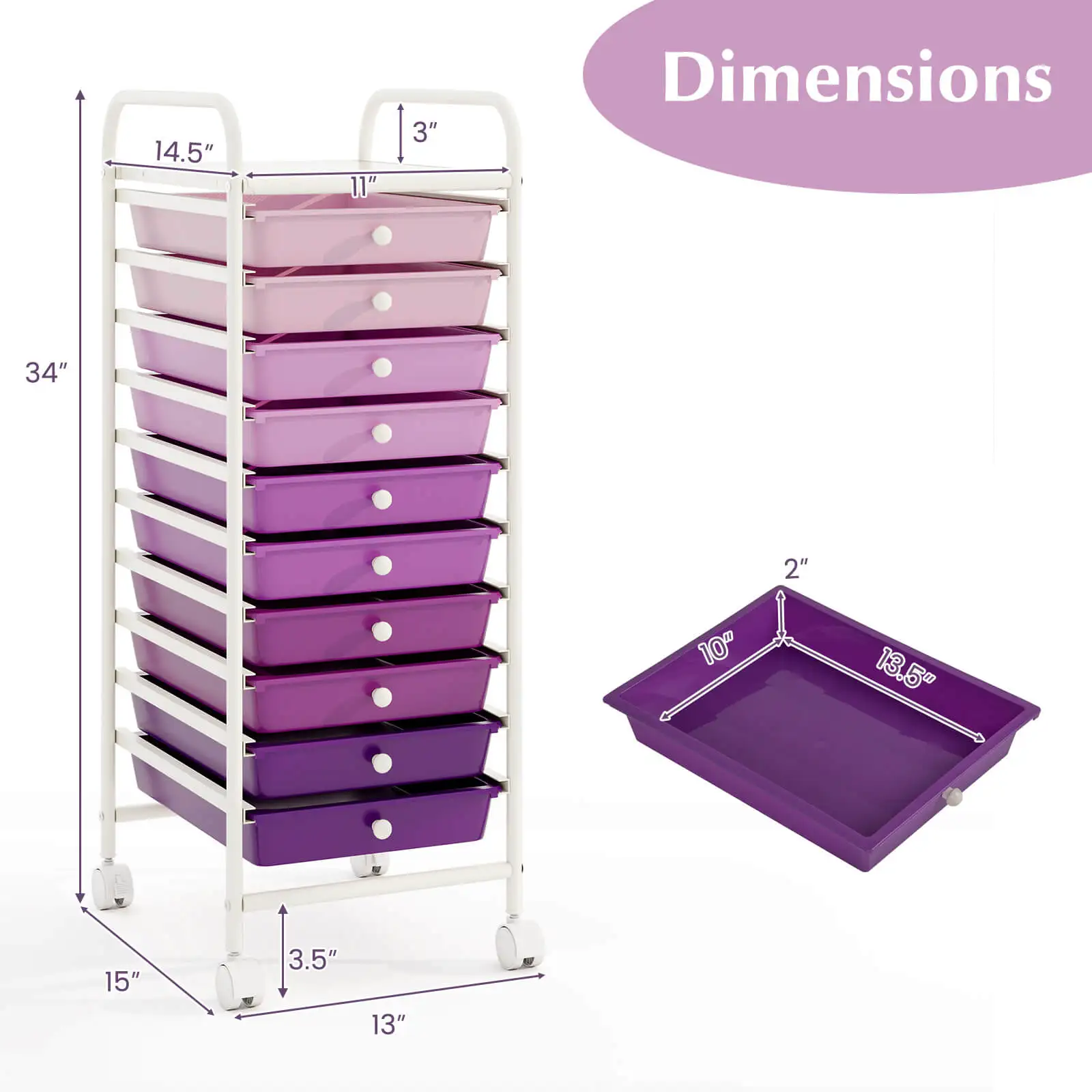 10 Drawer Rolling Storage Cart Scrapbook Paper Office School Organizer Purple