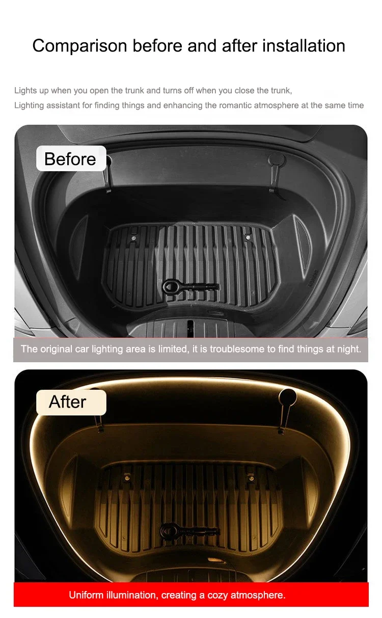 For Tesla Model Y Front Trunk Ambient Light White/Yellow Lamp 12V Non-destructive Installation for Model 3 Frunk LED Strip Light