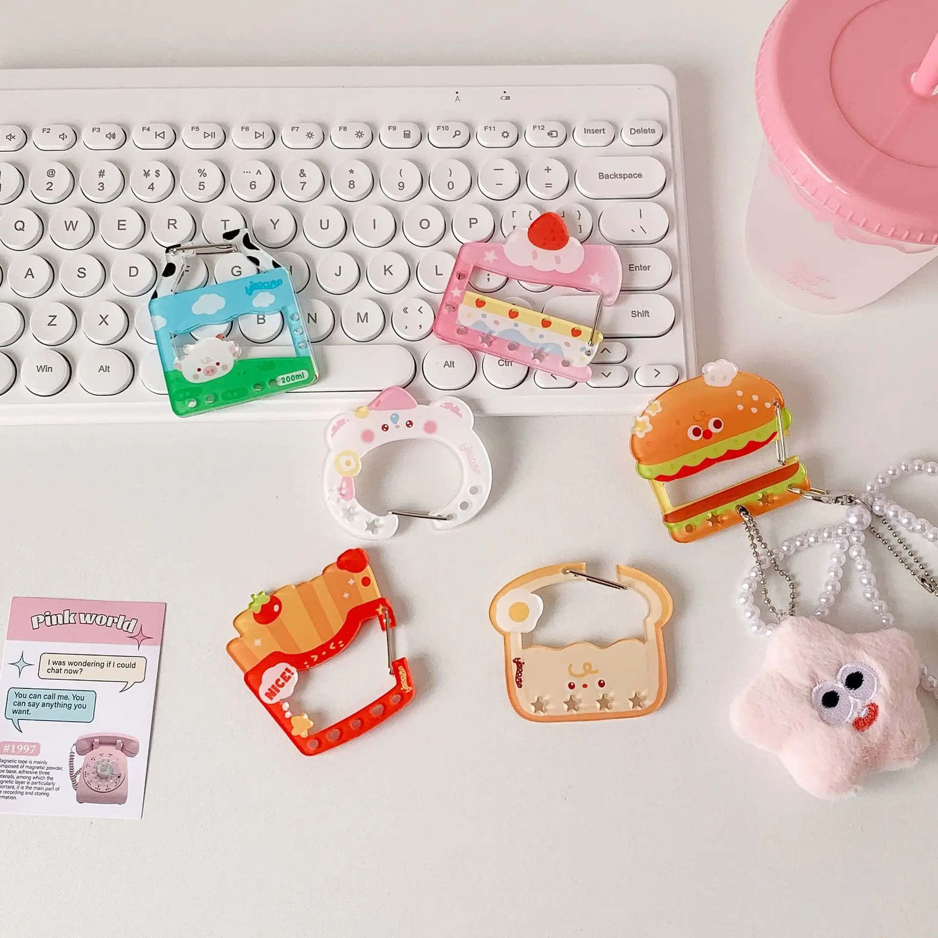 الكرتون همبرغر البطاطس المقلية الاكريليك مفتاح الديكور الحلو فتاة حقيبة سحر معلقة مشبك حلقة تسلق الطلاب حقيبة مدرسية قلادة