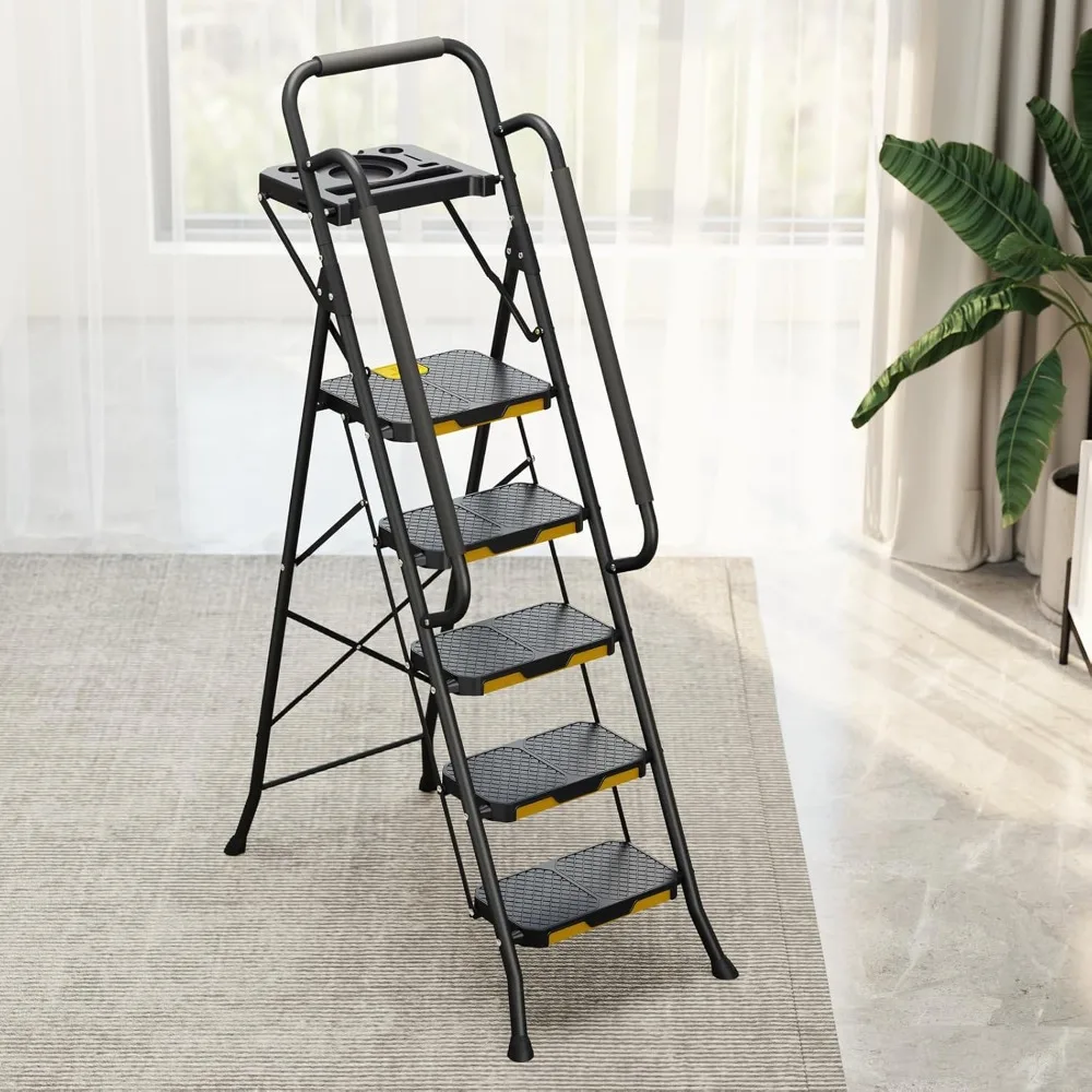 5 Step Folding Step Stool w/ Tool Platform,Handrails,Wide Pedal, 800 LBS Portable Ladder for Adults Painting Home Outdoor Garage