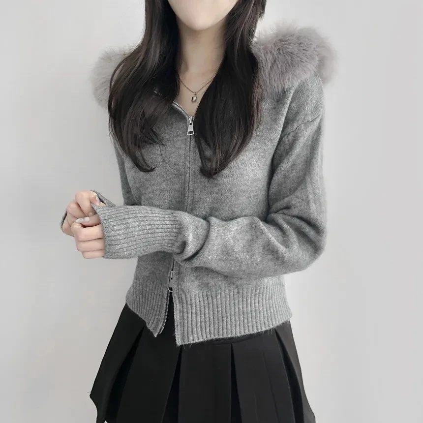 

Шикарный осенне-зимний свободный повседневный универсальный длинный свитер на молнии с большим меховым воротником и капюшоном, однотонный вязаный свитер для женщин