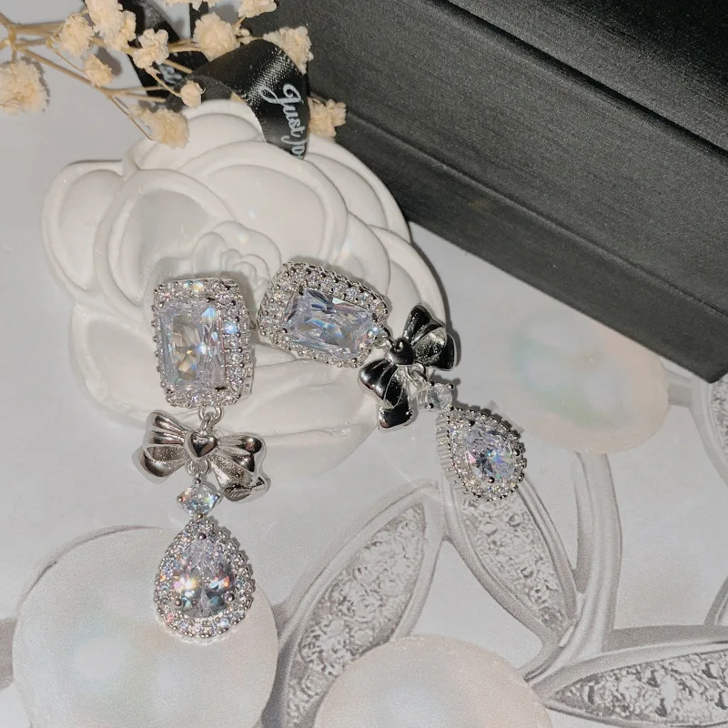 

MDLFES Moissan Diamonds Style Light luxury bow earrings female 18k plated radiant micro-set sweet S925 silver pin earrings