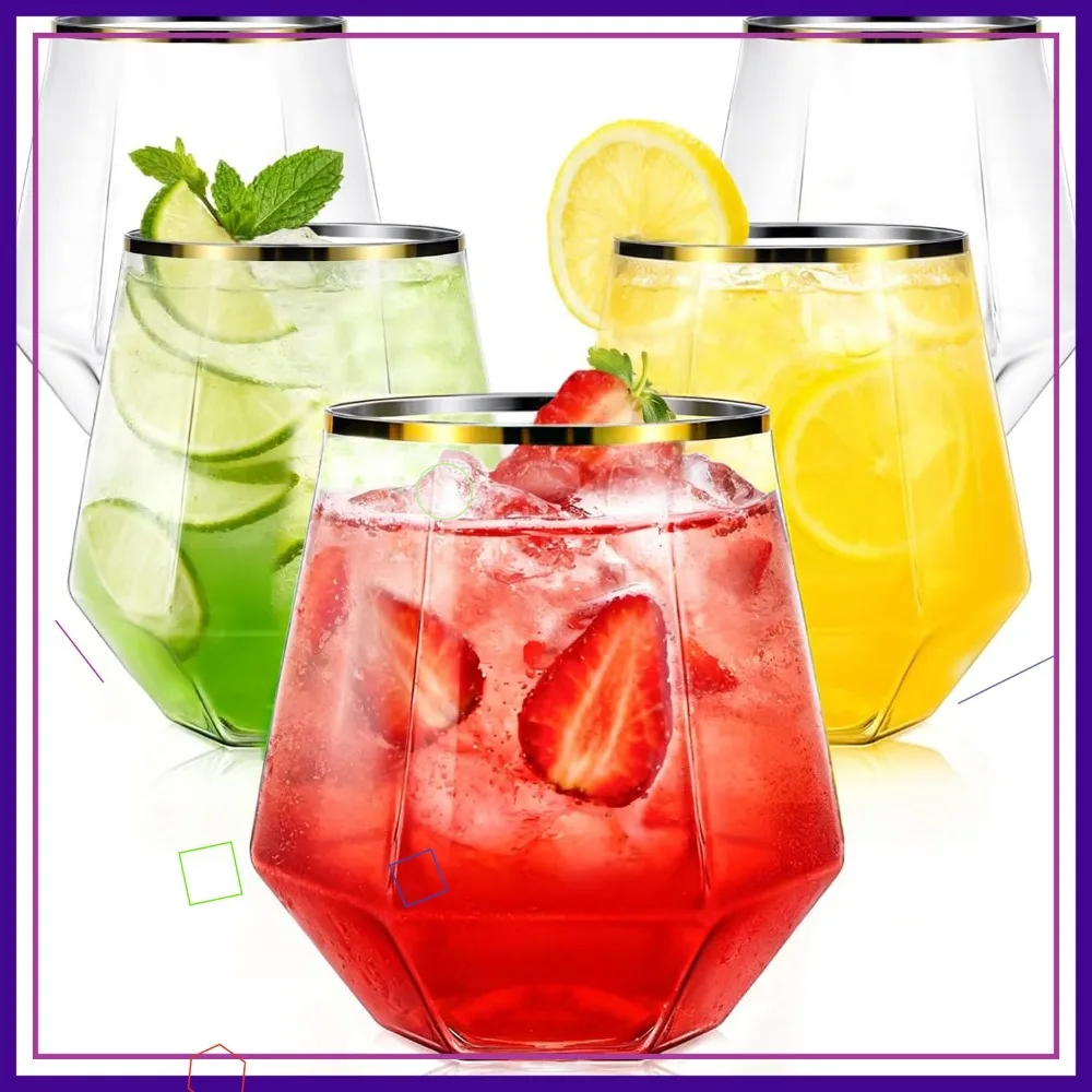 

Набор из 40 пластиковых бокалов для вина без ножки, ромбовидной формы, 350 мл, с золотым ободком, одноразовые, прозрачные, небьющиеся, для вечеринок, баров, свадеб