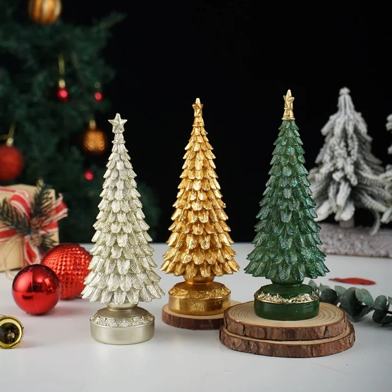 

New 20cm Resin Christmas Tree Figurine - Green/Gold Ornament, Home Living Room Desk Mantel Tabletop Holiday Decor & Gift
