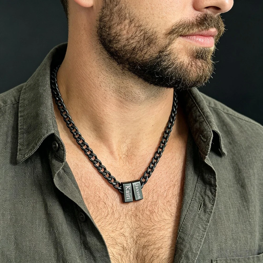 

Men Custom Stack Square Block Engraved Name Cuban Link Necklace 3 Colors Stainless Steel Personalized Text Trendy Jewelry