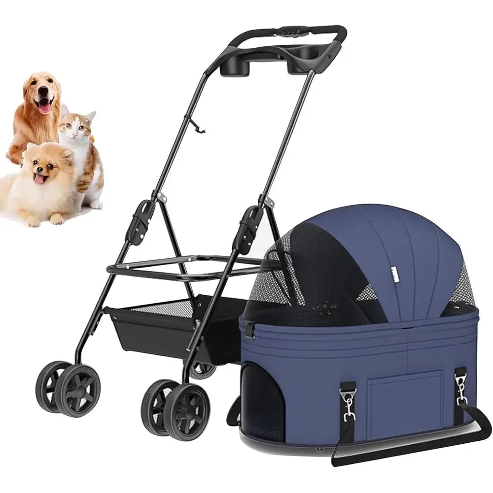 

4-Wheel Pet Stroller for Cats, Dogs, and Small Animals - Travel Carrier with Cup Holders and Basket, Blue