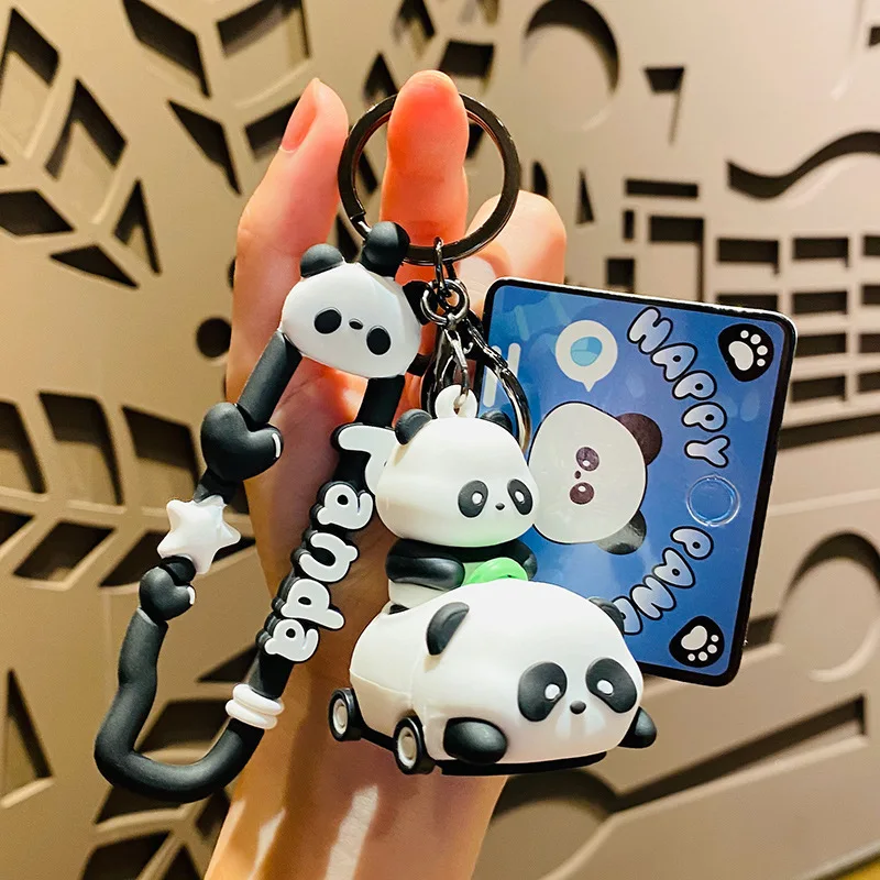 Cartoon Panda Baby Green Steering Wheel Bumper Car Keychain Cool Panda Car Bag Accessories Key Chain Ins Trinket Kids Toys Gifts