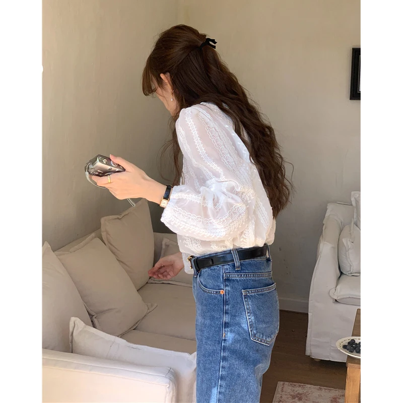 Ele Vintage Long Sve rond Ne dentelle irt femmes Faionable polyvalent charmant chemisier coréen Sle trajet vent