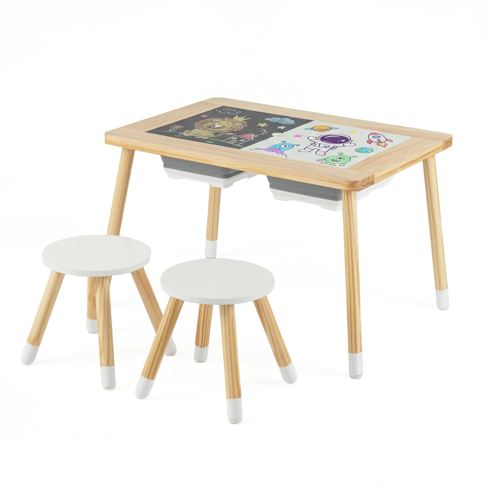 

Sensory Table w/ 2 Stools, Detachable Double-Sided Tabletops & 2 Storage Bins