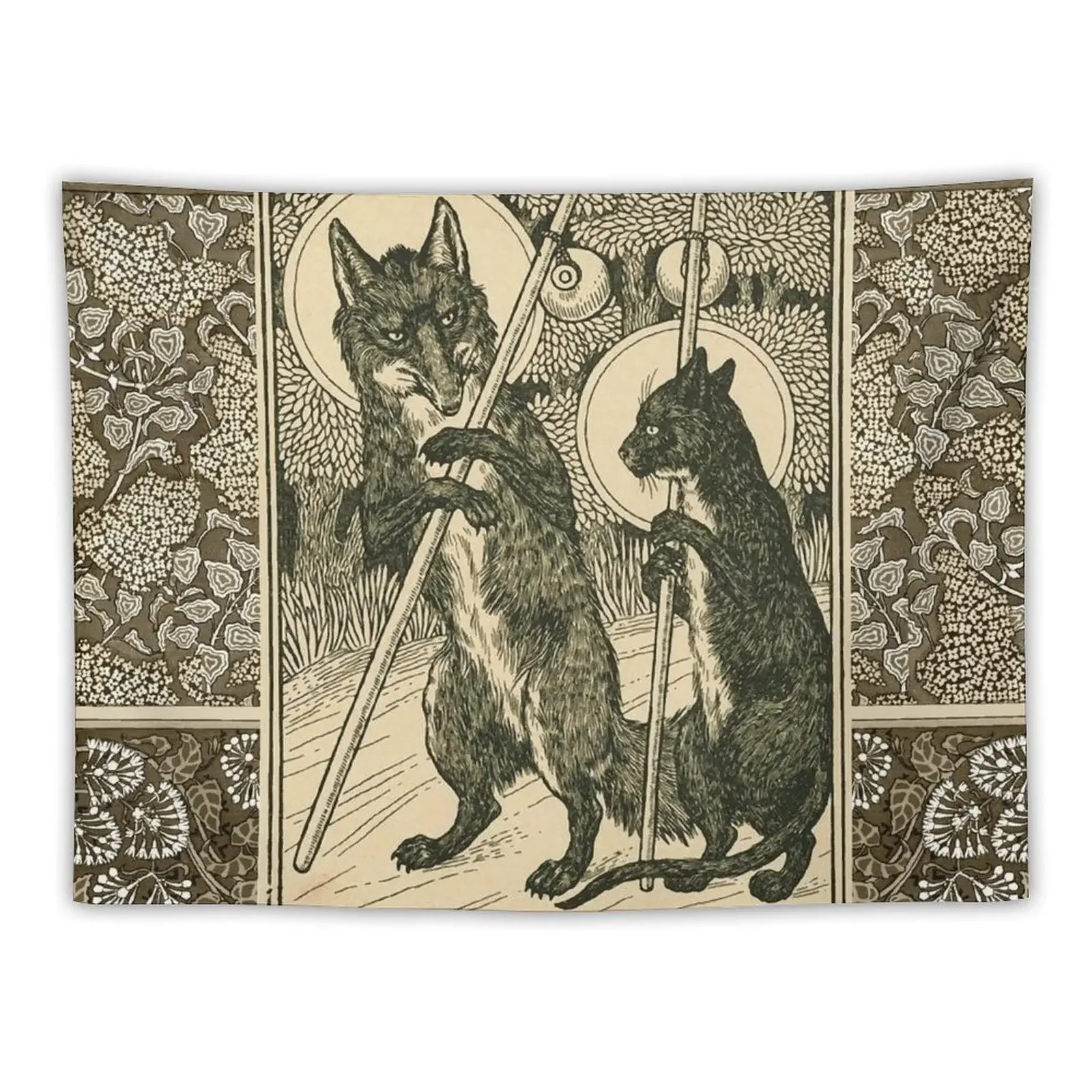 

THE CAT AND THE FOX Forest Animals Black WhiteFloral Tapestry Room Decoration Aesthetic Aesthetic Room Decoration Tapestry