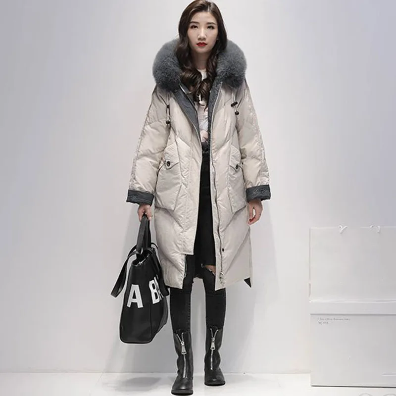 

New Women's 90% White Duck Down Coat Fox Fur Collar Hooded Parker Overcoat Winter Cold Outerwear Fashion Female Long Down Jacket