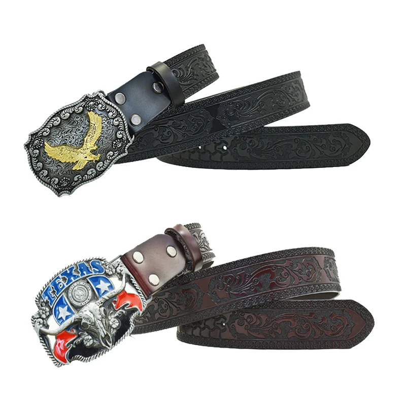 Western Flower Eagle Dragons Carved Men Leather Belt Retro Pin Buckle Men Jeans Causal Pants Belt