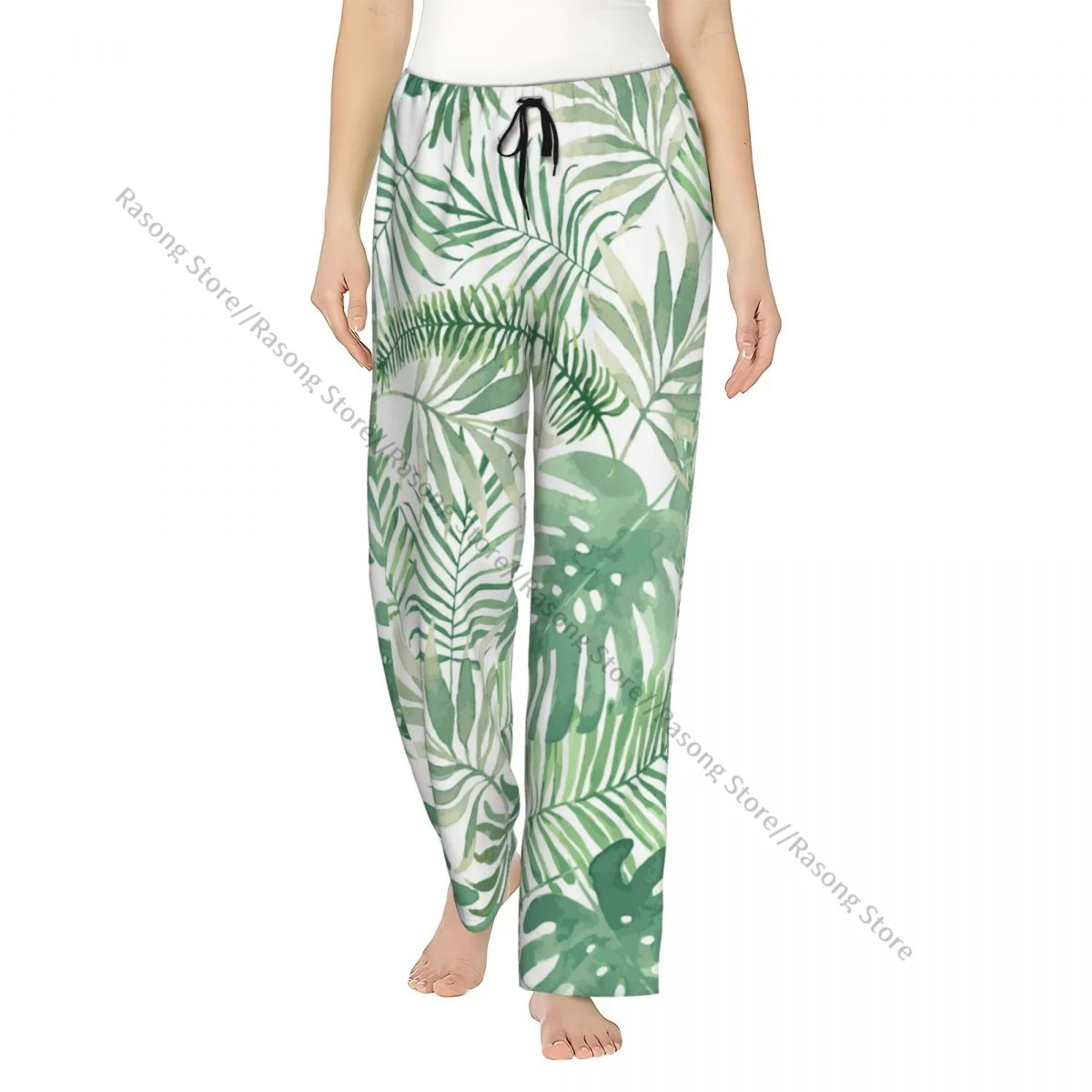 

Warm Women Pajama Pants Green Leaves Pattern Flannel Sleep Bottoms Soft Fleece Loungewear
