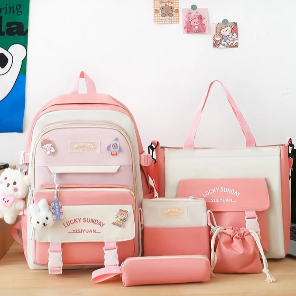 5 Pcs New Large Capacity Backpack Set Breathable Multifunctional Crossbody Bag Buckle Pencil Bag School