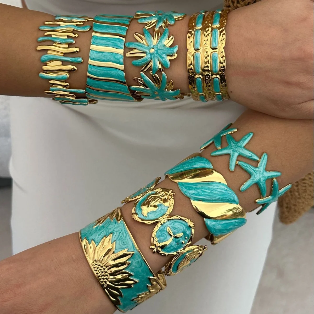 7 Style Elegant Blue Enamel Open Cuff Bracelet For Women Irregular Stainless Steel Bangles Beach Party Punk Vacation Jewelry