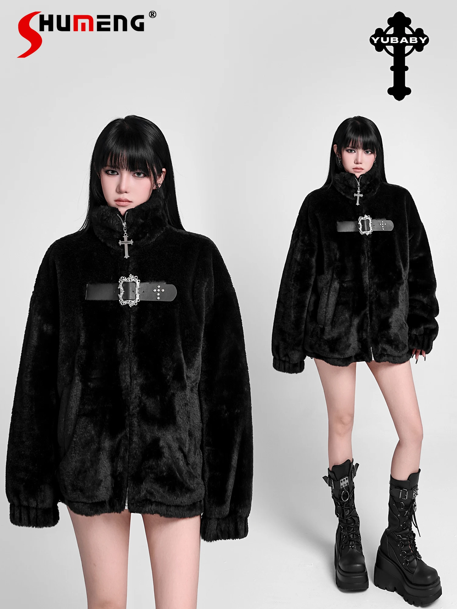 

Original Gothic Style Punk Girl Cross Zipper Rivet Faux Fur Coat Loose Versatile Casual Thickened Warm Jackets For Women Winter