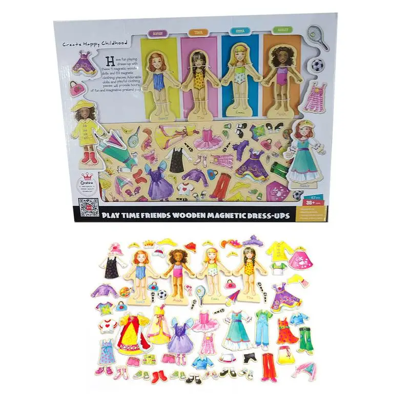 Wood Dress Up Puzzle Magnetic Dress Up Dolls For Girls Dress-Up Dolls Travel Playset Including 63Pcs And 4 Wooden Doll Pretend