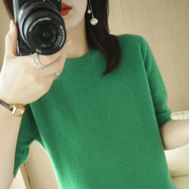 Spring Summer Women Sweater 2023 Short Sleeve O-neck Slim Fit Knitted Pullovers Bottoming Casual Knitwear Green Pink Clothes