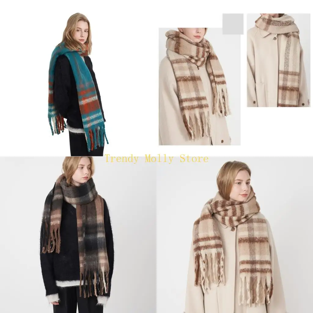 

N5KB Уютный шарф в клетку, зимняя шаль, женский модный аксессуар с бахромой, легкая накидка