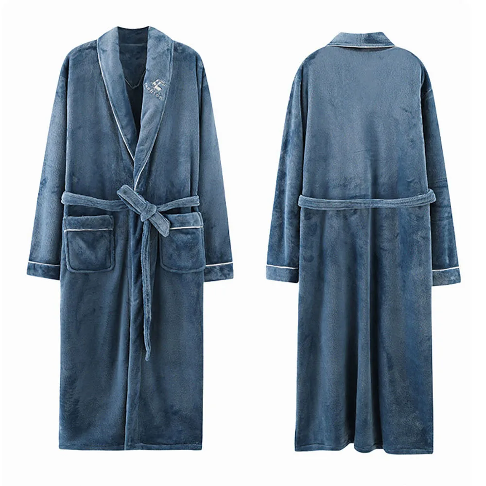 Autumn Winter Flannel Thicken Warm Long Shower Robe for Men Loose Soft Men\'s Terry Bath Robe Luxury Embroidery Men\'s Bathrobe