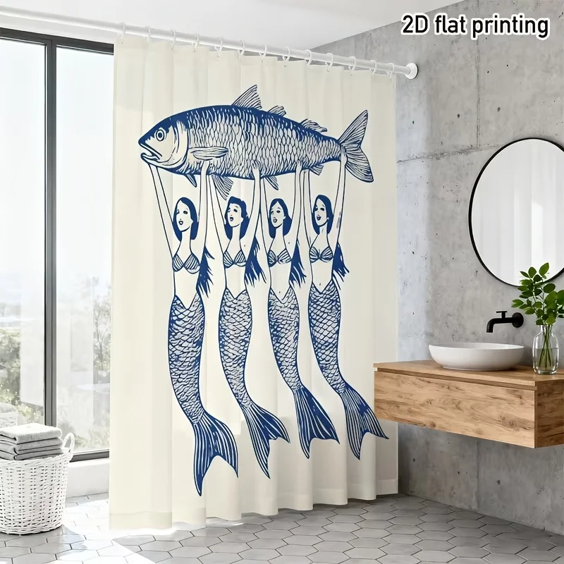 Vintage Mermaid & Fish Shower Curtain, Blue Sketch Style Nautical Waterproof Bathroom Decor, Ocean Mythical Creature Home Bath